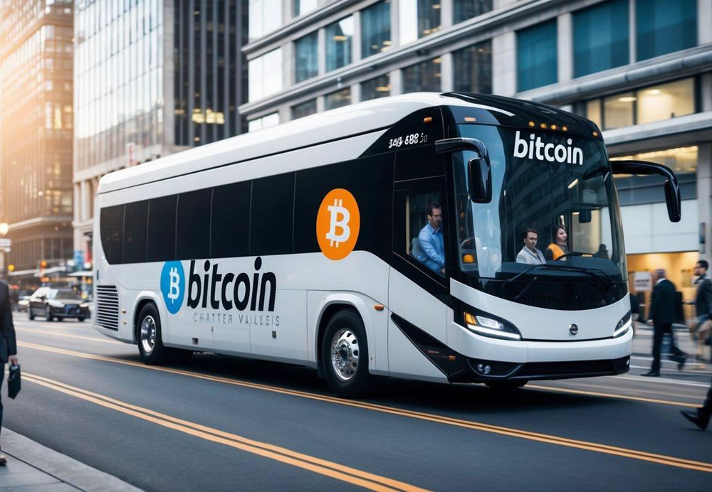 A futuristic charter bus with a sleek, modern design pulls up to a bustling city street. The bus prominently displays a Bitcoin logo, and passengers board with their digital wallets ready