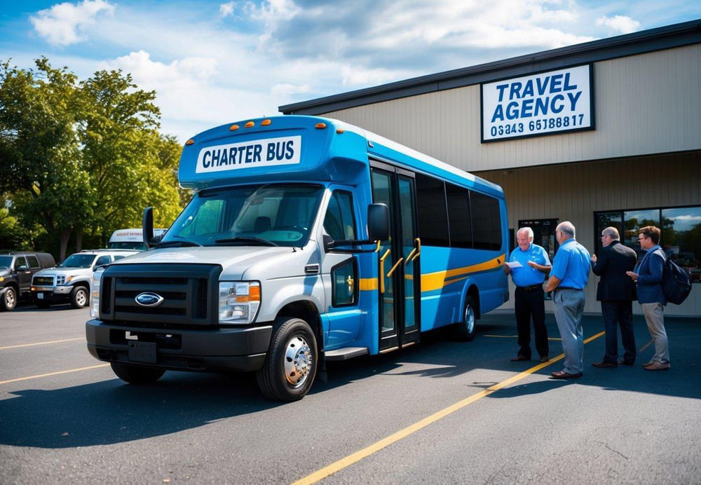 A charter bus parked outside a travel agency with people boarding and a staff member answering questions