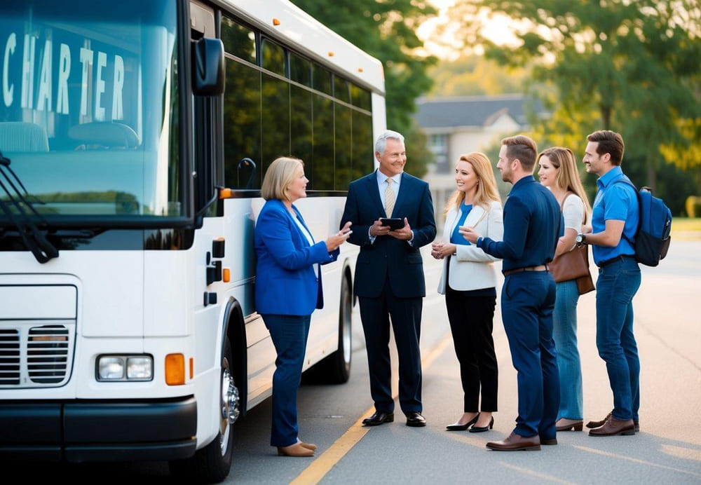 A group of people standing in line next to a charter bus, asking questions to a rental agent