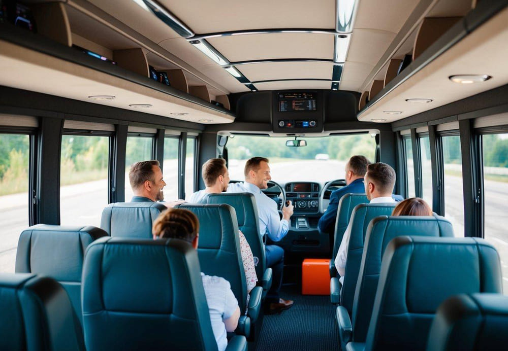 Passengers enjoying onboard amenities on a charter bus