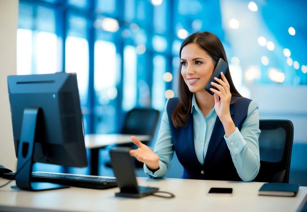 A customer service representative answering questions about charter bus rentals at a desk with a computer and phone