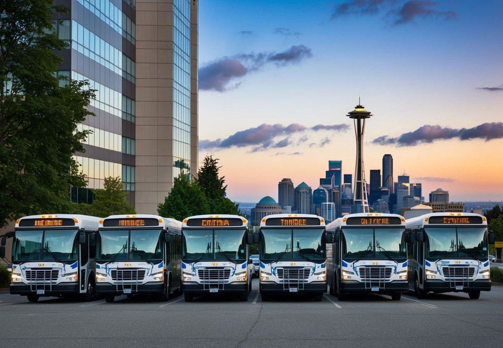 A fleet of buses lined up outside a conference center, with a backdrop of Seattle's iconic skyline and the Space Needle in the distance