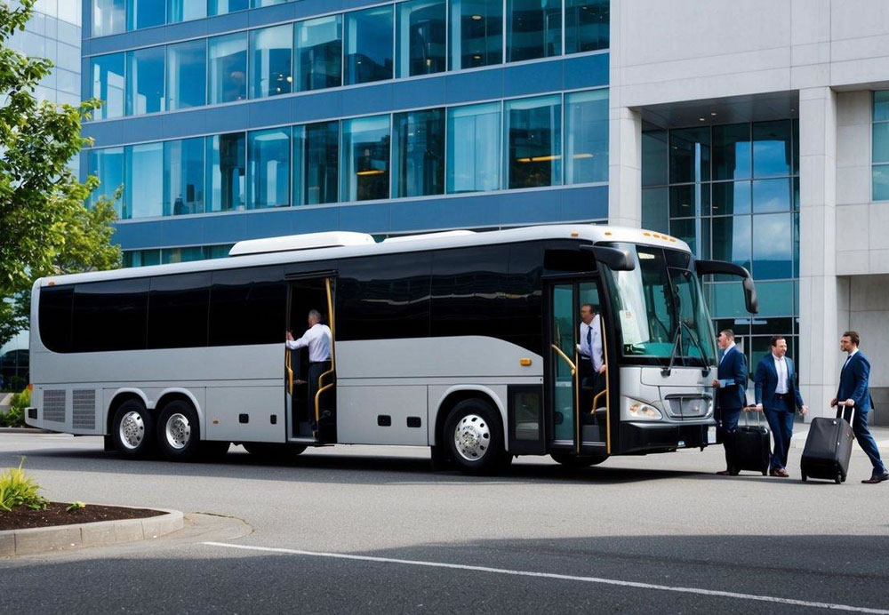 A charter bus parked in front of a modern office building in downtown Seattle, with business professionals boarding and unloading luggage