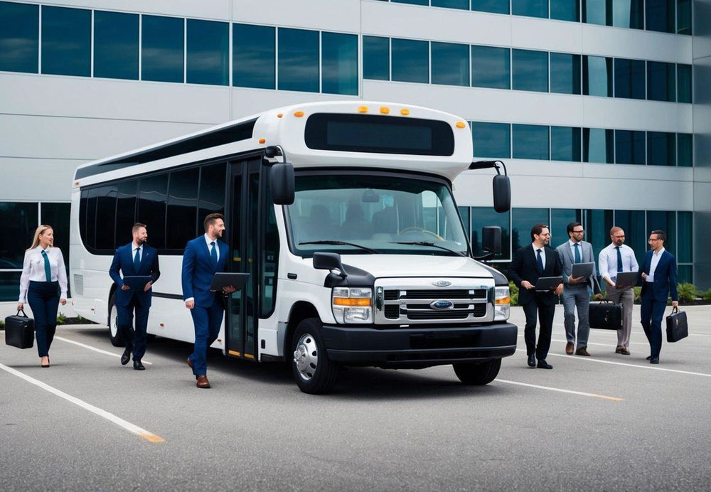 A charter bus parked in front of a sleek office building, with a group of professionals boarding with briefcases and laptops