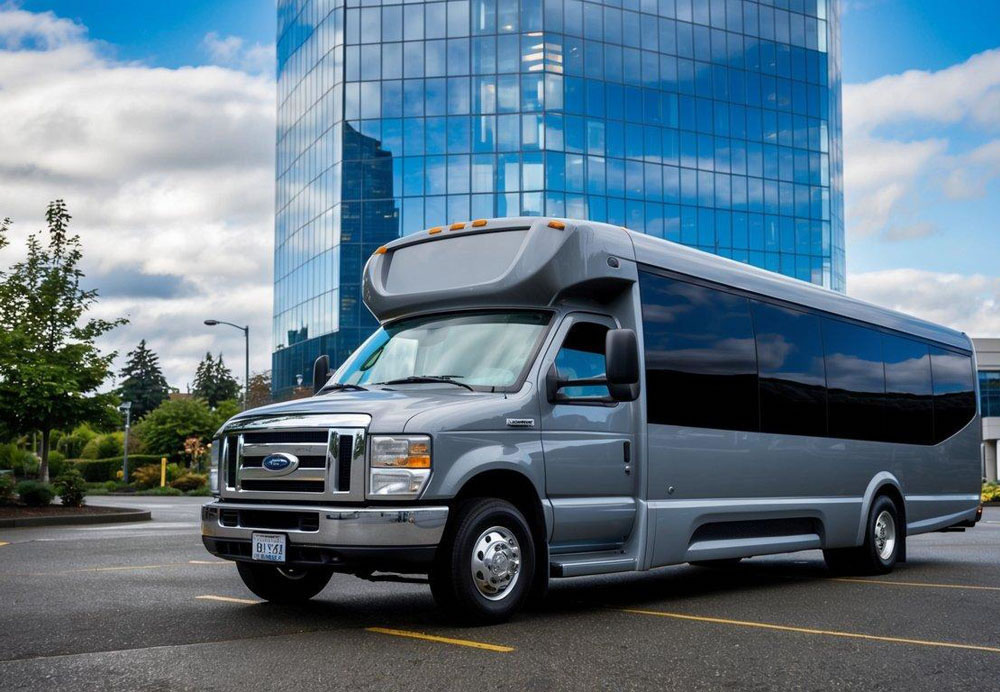 A charter bus parked in front of a corporate building in Seattle, with a focus on the bus's sleek and modern design, emphasizing safety and reliability