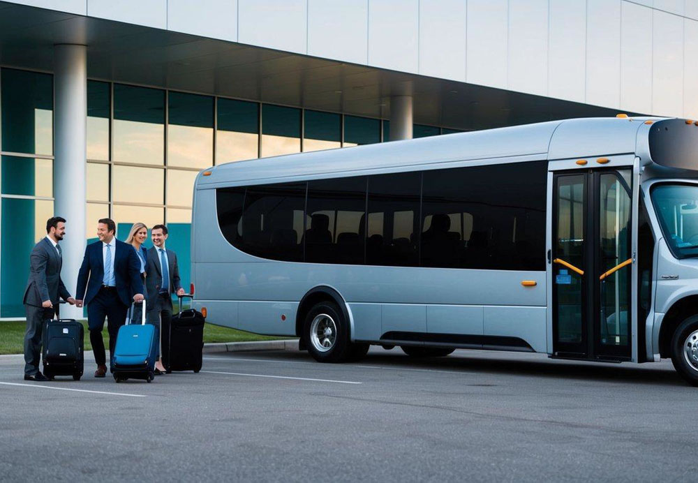 A charter bus parked outside a modern office building, with a group of business professionals boarding and a driver assisting with luggage