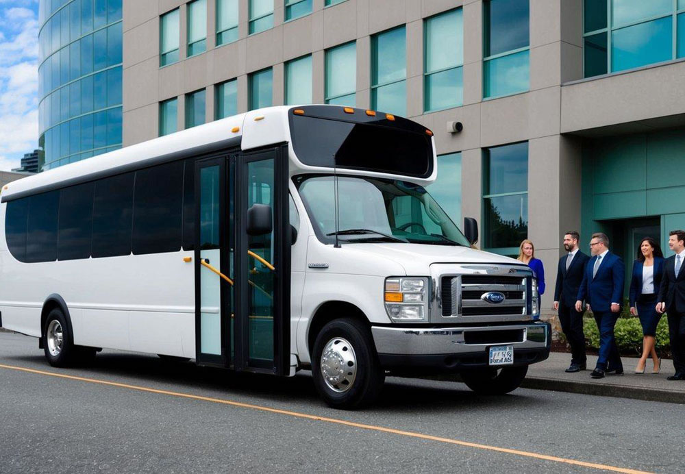 A charter bus parked in front of a corporate building in Seattle, with a group of business professionals boarding