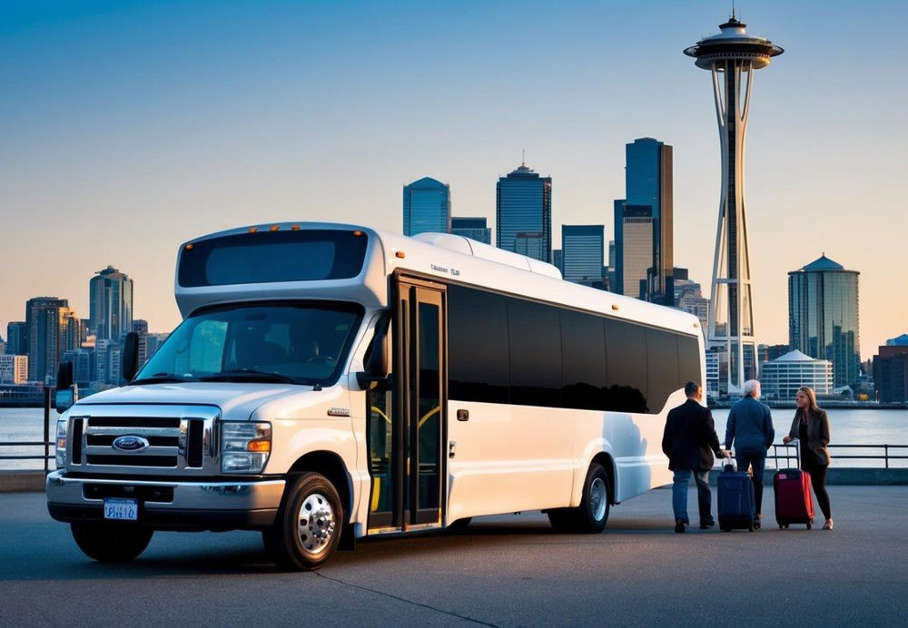 A charter bus parked in front of a Seattle skyline, with a driver loading luggage and passengers boarding