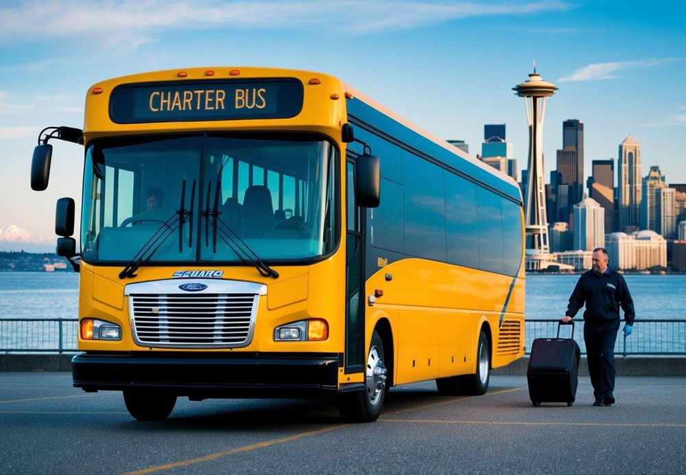 A charter bus parked in front of the Seattle skyline, with passengers boarding and a driver loading luggage