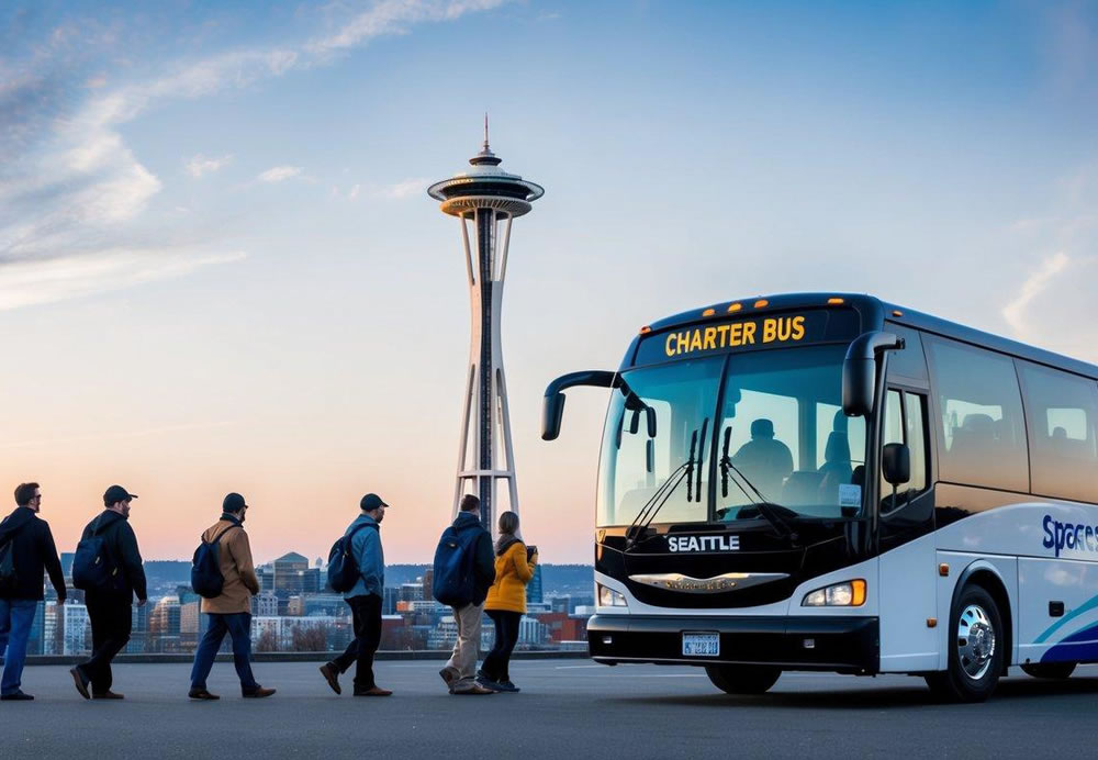 A charter bus parked in front of the iconic Space Needle in Seattle, with passengers disembarking to explore the city's top destinations